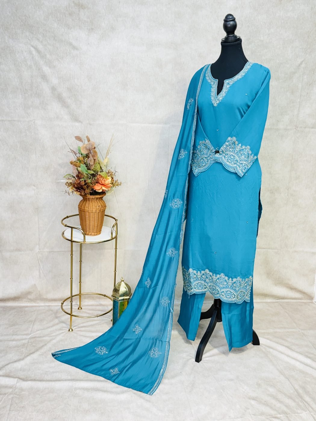 Paper Silk Suit with Moti & Cut Dana Work